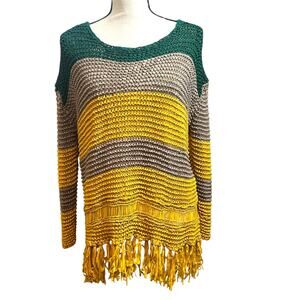 Entro Large Open Knit Fringe Hem Sweater Women’s Boho Weave Striped 3/4 Sleeves
